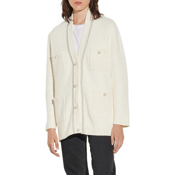 Sandro Aldy Sweater Cardigan Smalll White Pearl Embellished Silver Metallic S - Picture 1 of 7